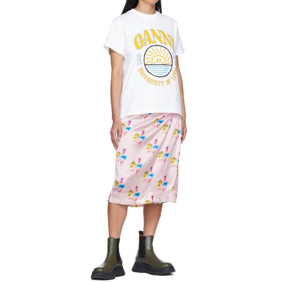 NEW GANNI silk stretch satin skirt in floral light lilac - Picture 4 of 4